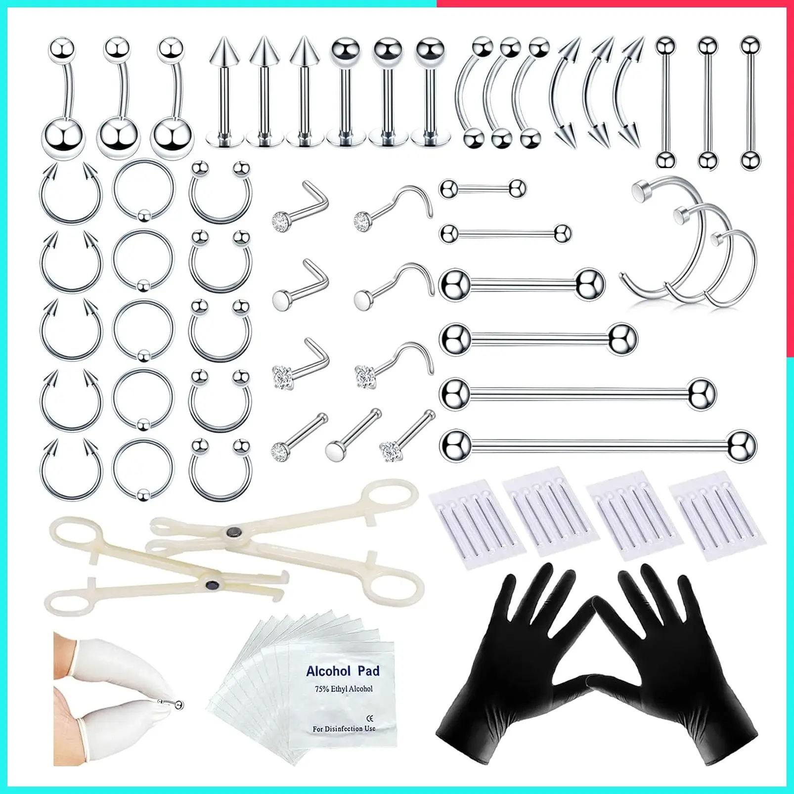 80PCS Nose Piercing Kit with 12G 14G 16G 20G Needles for Ear Nose Lip Eyebrow | 316L Stainless Steel Body Piercing Jewelry, E.O. Gas Sterilized Tools, Gloves & Cleaning Pads for Home or Salon Use