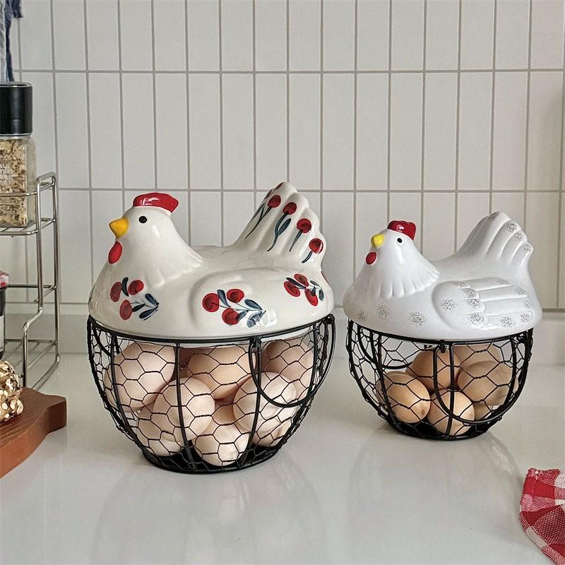 Farmhouse Style Chicken Ceramic Egg Basket with Metal Wire and Lid, Decorative Multi-Functional Kitchen Storage Box, Dustproof Seal Design