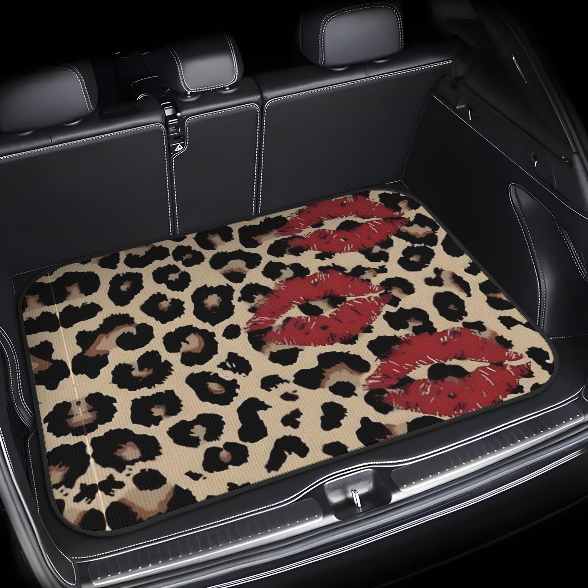 1pc Leopard Print with Red Lips Patchwork Car Trunk Mat - Dustproof & Durable Cargo Liner | Universal Fit Trunk Protector, Auto Storage Solution, Heavyduty Material, Stylish Drivers, Vehicle Enthusiasts