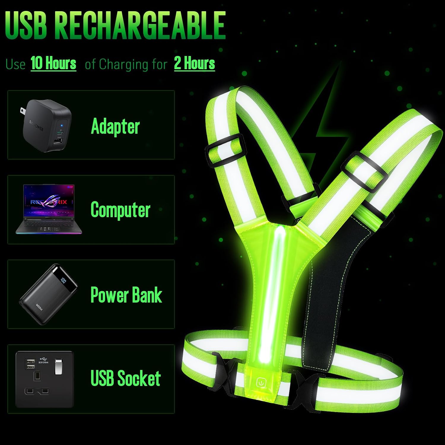 LED Rechargeable Reflective Vest with 11hrs Runtime, Light Up Safety Gear for Night Running Walking Cycling, USB Rechargeable