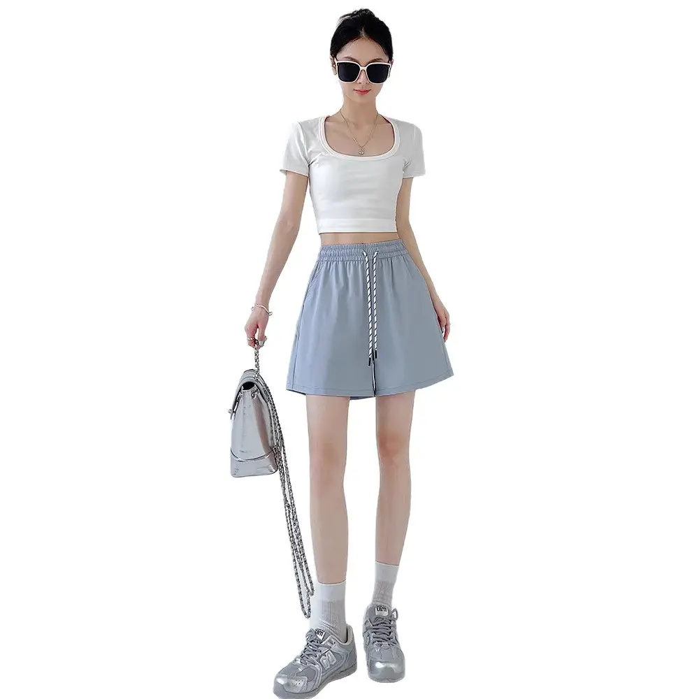 Blue quick-drying shorts women's summer 2026 new high-waisted outer wear casual wide-leg A-word sports five-point pants ro pa gym mujer