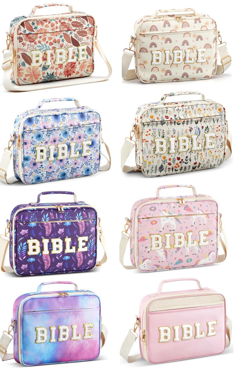 Valentine Gift Bible Bag for Women, Floral Bible Bag 12x9x2.5In Large Chenille Letter Bible Cover PU Leather Bible Case with Tabs Colored Pen Highlighters Tote Bag with Shoulder Strap, Bible Journaling kit for Church Christian Girls,Sunday Prayer Supplies