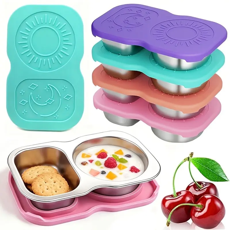 4pcs 304 Stainless Steel Snack Containers with Lids, 2-Compartment Condiment Containers, Leak-Proof Silicone Lids, Reusable Sauce Cups
