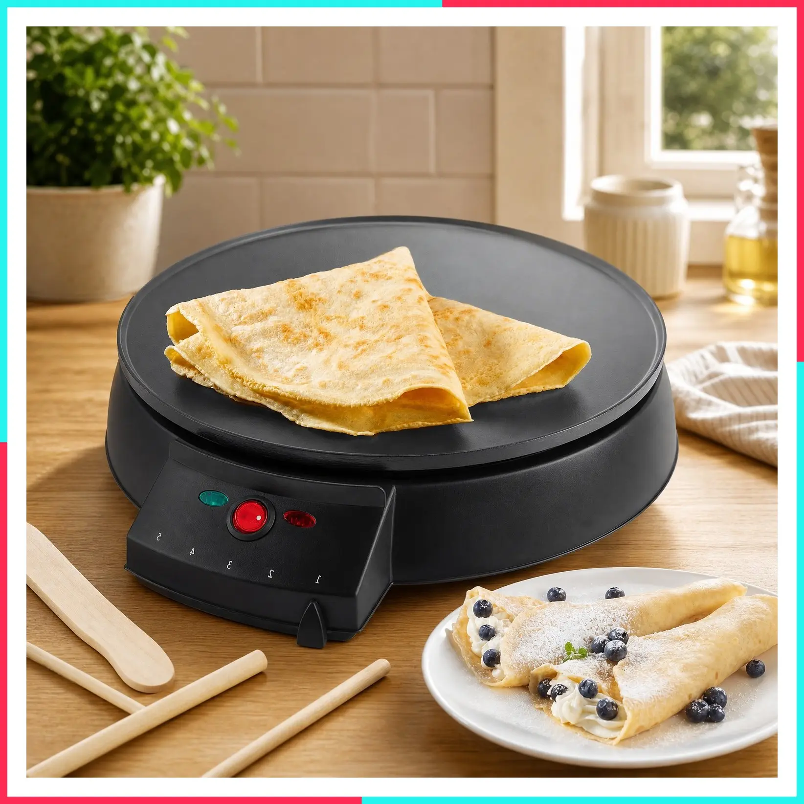 12" Crepe Maker, Non-Stick Electric Griddle Pan with Batter Spreader