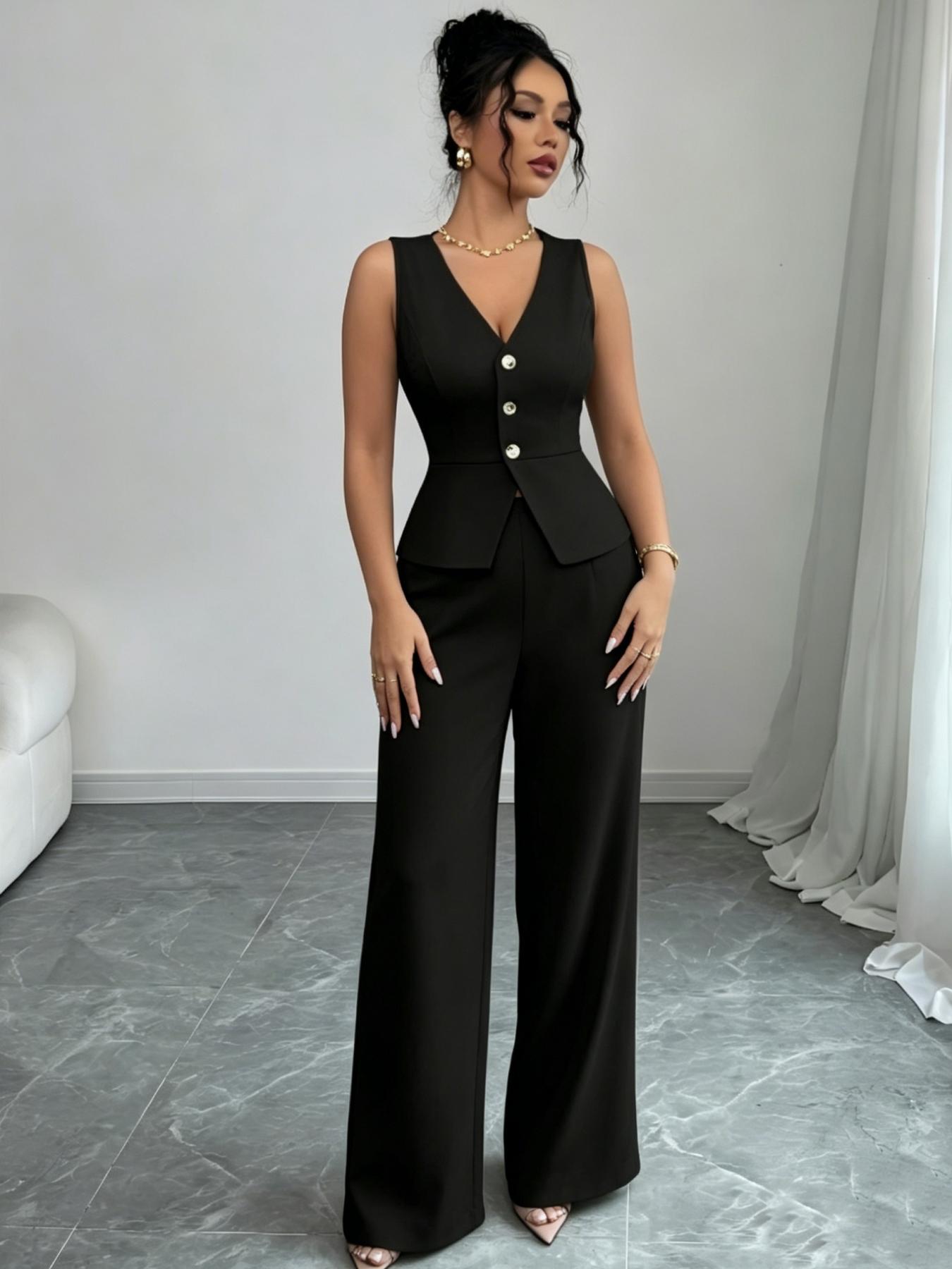 YYT1 A women's Chic Sleeveless Vneck luxury waist cinched Fitted suit vest set, Pants Top Set, same color scheme, suitable commuting, shopping, outdoor activities, Fitted clothing set