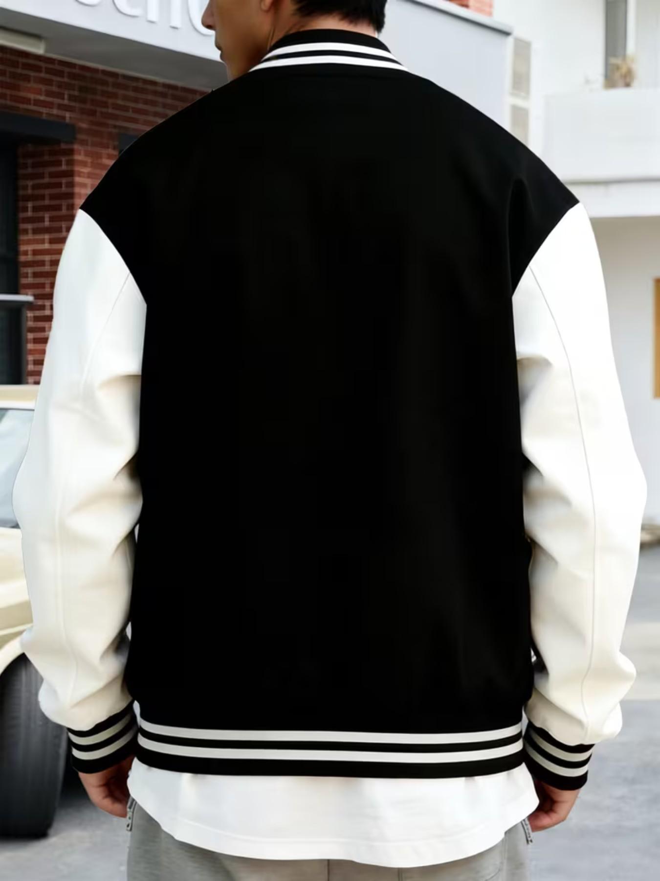 Trendy Baseball Jacket La Style, Colorblock Sleeves, Button Closure, Stretch Fabric, All Season Comfortable Outerwear, High-Quality Stitching