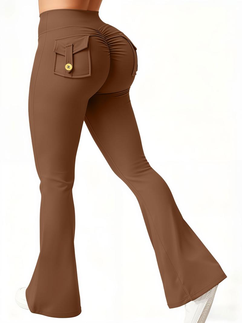 Women's High Waisted Tight Fit Flare Pants with Pockets, V-Shape Waist Design, Butt Lifting Yoga Pants, Casual Fall Winter Workout Wear, High Stretch Leggings