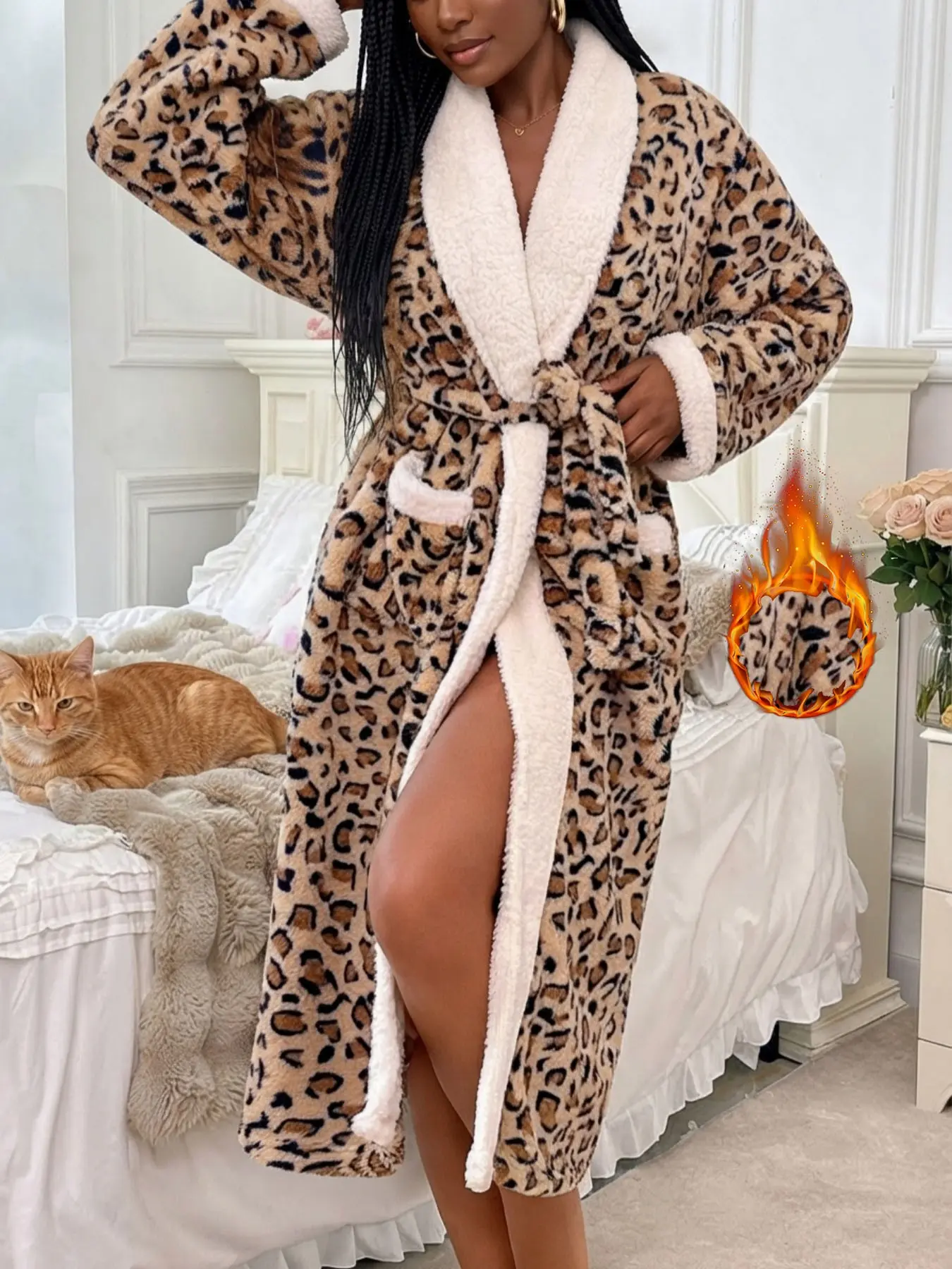 Women's Leopard Print Long Bathrobe, Fur Collar Tie-Back Sleepwear with Pockets, Casual Home Wear for Fall Winter