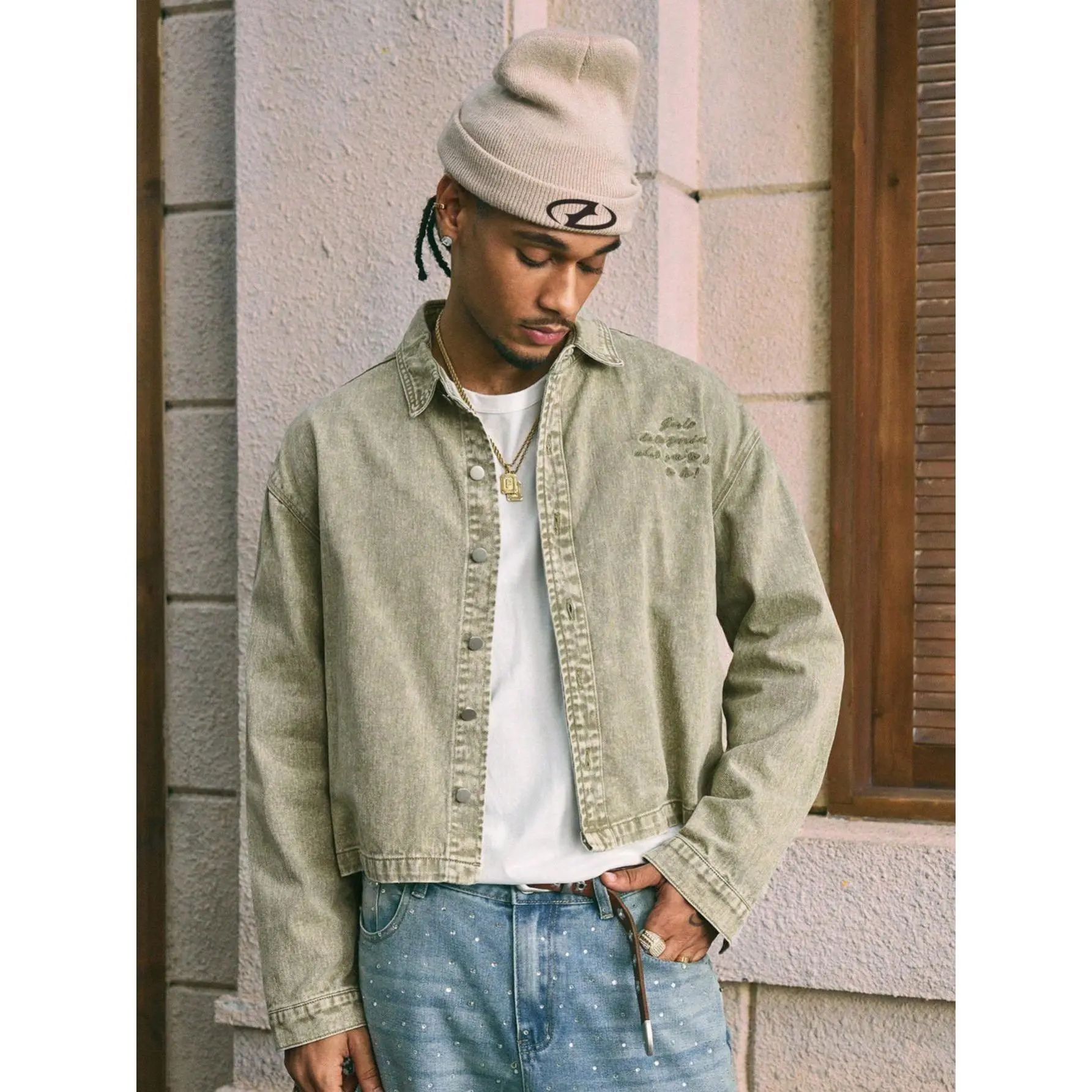 Men's Vintage Green Washed Cropped Denim Jacket Cotton Blend Streetwear Button-Up Trucker Coat