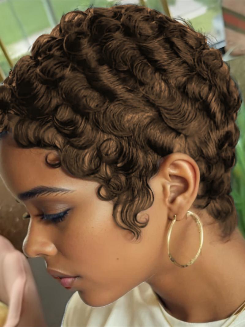 Chic Elegant Pixie Cut Wigs for Women Black 99J 4# Color for Daily Use Short Layered Pixie Cut Human Hair Wigs With Bangs Brazilian Remy Curly Wave Human Hair Full Machine Made Wig 150% Density 6Inch Human Hair Wavy