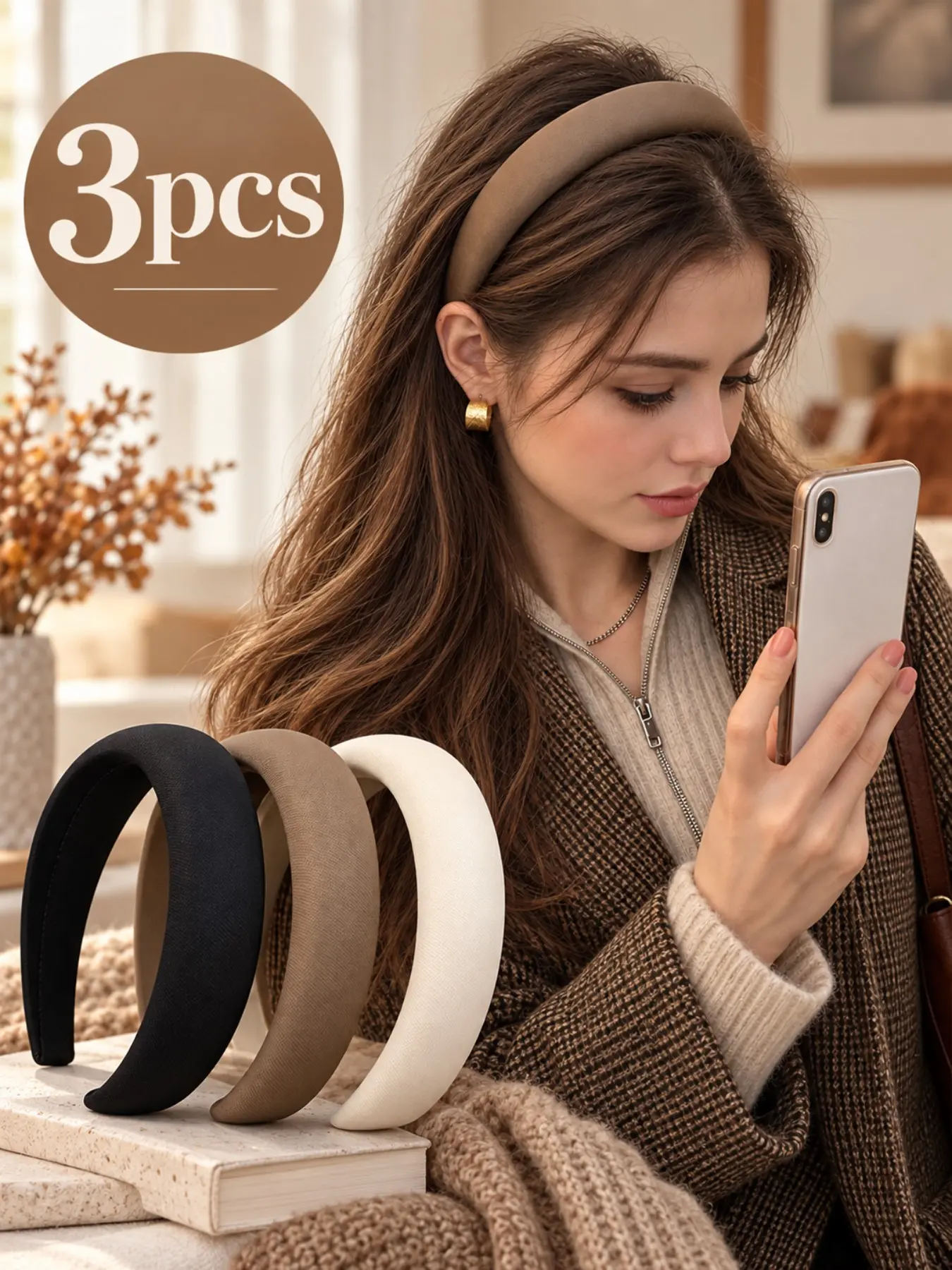 3pcs Women's High Crown Sponge Fashion Headbands, Padded Hair Bands in, &, Cute Style for All Seasons, Makeup, Work & Everyday Styling