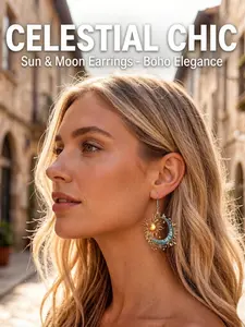 A pair of colorful moon earrings, Bohemian style flat acrylic sun and moon pendants, suitable for various holidays, parties, seaside bonfire celebrations, and as gifts for friends, Celestial Chic, Boho Elegance, All Season Wear