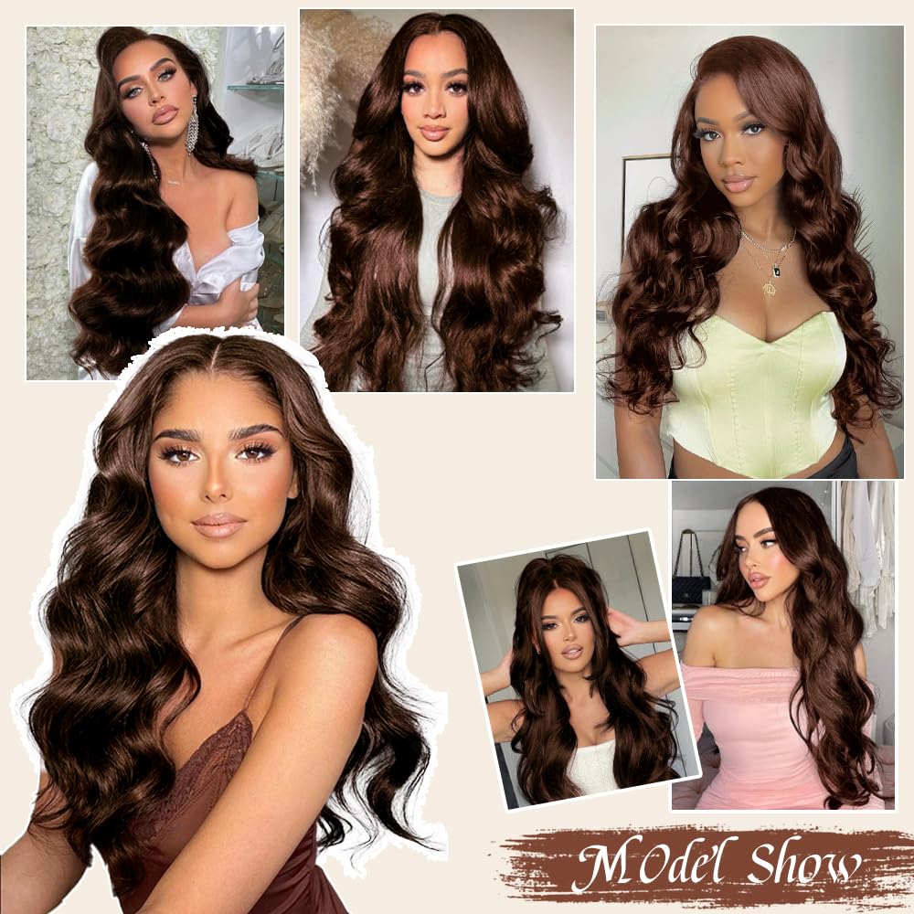 [Bling Hair ] 13x6 16-32 Inch Chocolate Brown Lace Front Wigs Body Wave Real Hair Wigs Pre Plucked 180% Density 4# Brown Wig