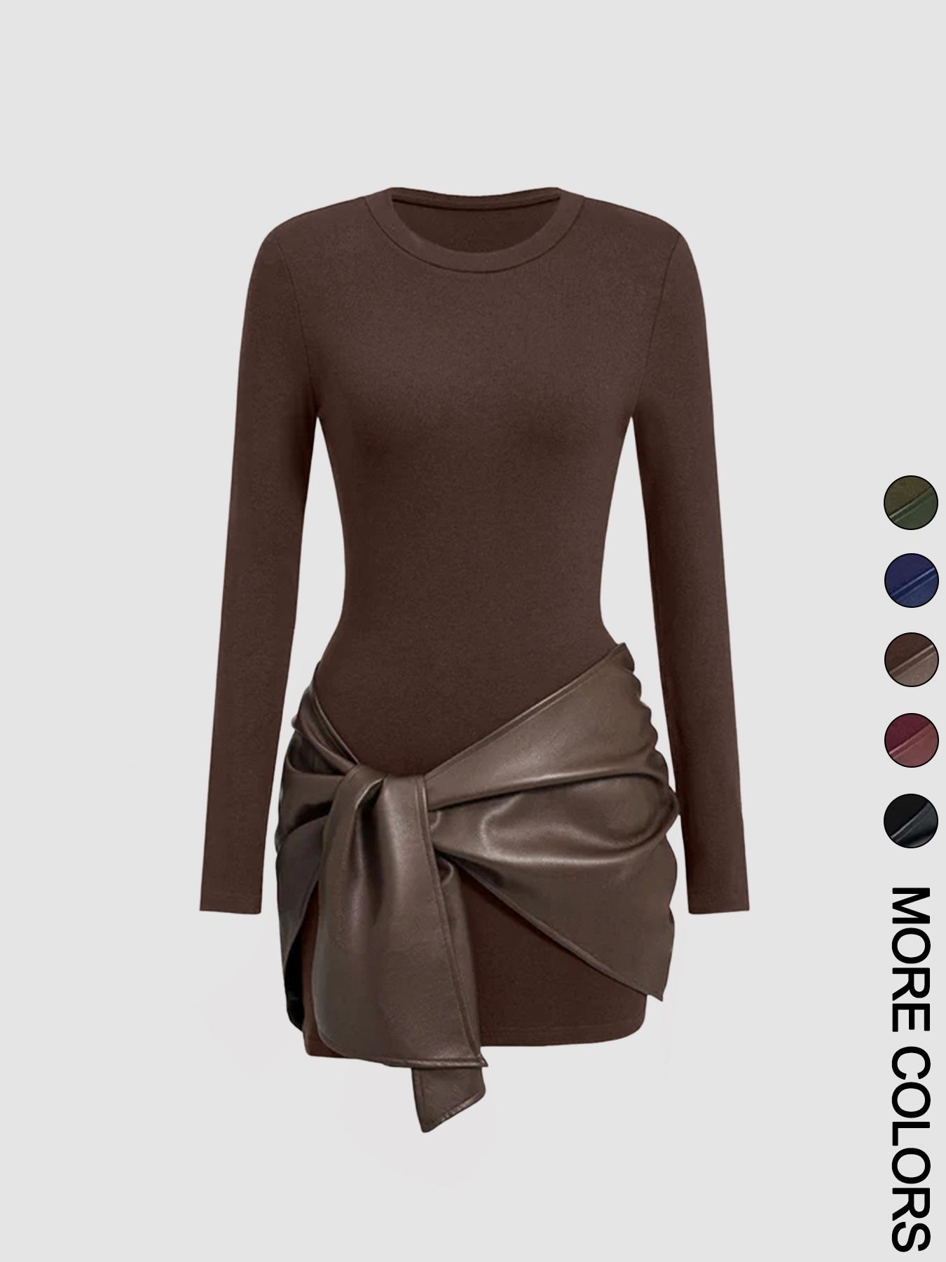 Women's patchwork knotted side ruched long-sleeved mini dress Casual Wear