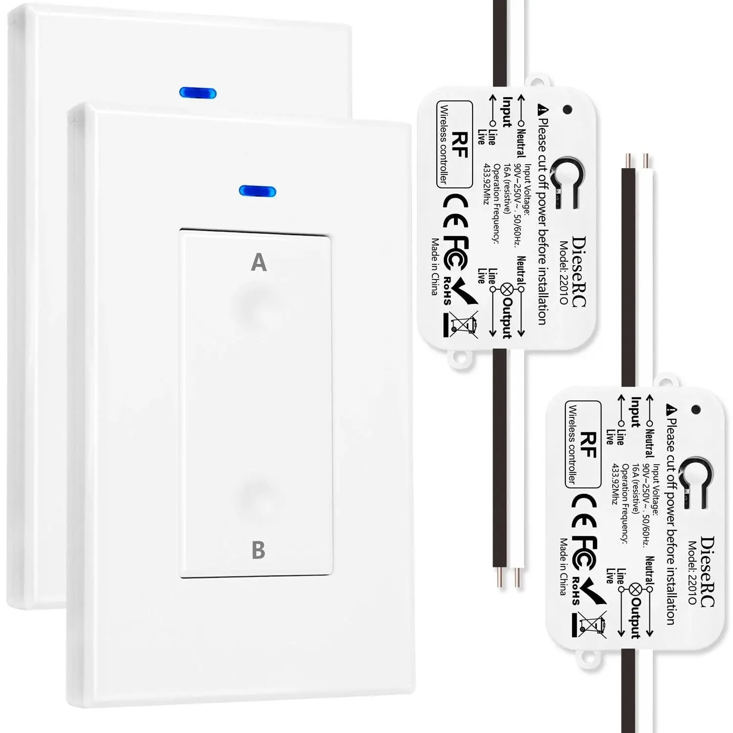 Wireless Light Switch Kit with Receiver, 15A Remote Light Switch