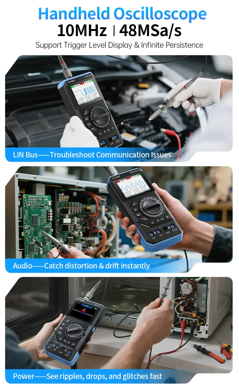 FNIRSI DST-210 Series 3-in-1 Portable Electrical Measuring Tool - Digital Smart Multimeter, 10MHz Scope, Multifunctional Oscilloscope, Signal Source, 2.8-Inch Color TFT Screen, Waveform Export, 400V Max, 19999-Count, 3000mAh, 48MSa/s for Electricians