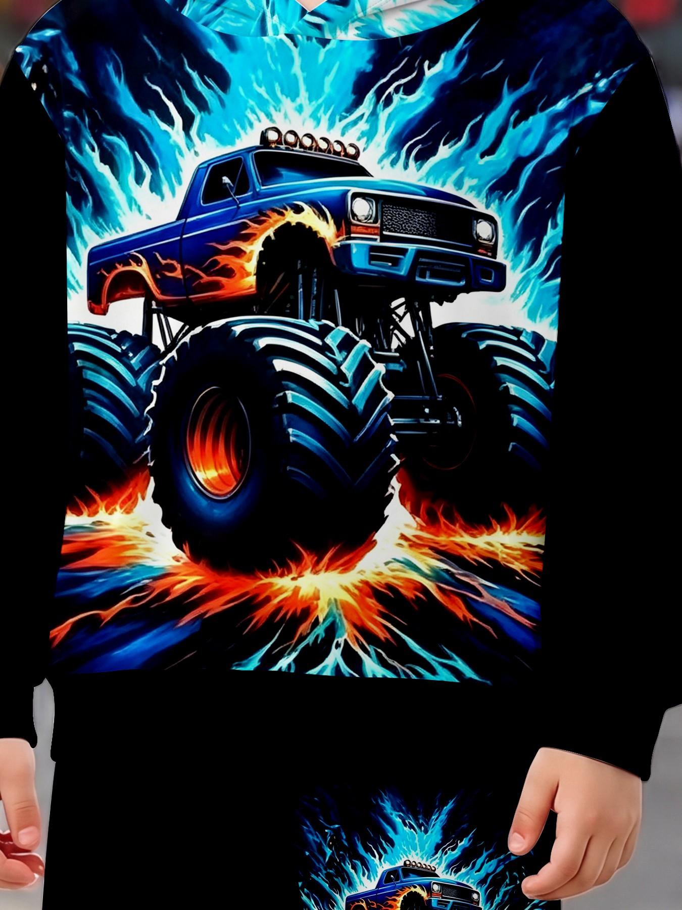 Blue Lightning Monster Truck Print Boys' Hooded Set, Casual Long Sleeve Sweapants, Loose-Fitting Natural Waist, Fall & Winter Clothing
