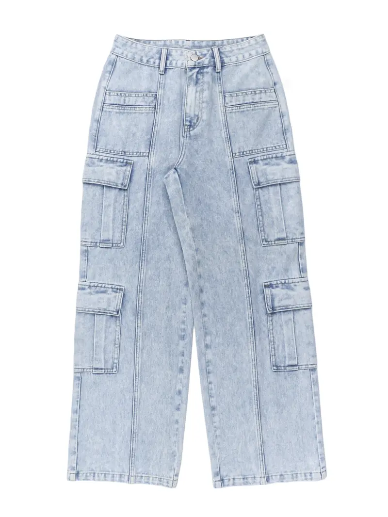 Women's Light Blue Wash High Waist Multi Flap Cargo Pockets Non-Stretch Rigid Denim Fabric Wide Leg Jeans, Baggy Utility Straight Fit Long Pants, Streetwear Casual Daily Commute Outfits for Women TChic