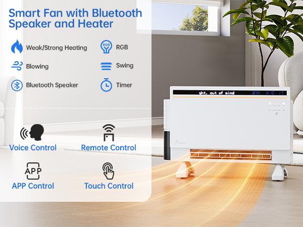 Electric Space Heater for Bedroom 1500W, 120° Vertical Oscillation, Adjustable Thermostat, Remote Control, 24H Timer, Easy-Mount Heater for Indoor Use, Works with Alexa,listen to music Ambient Light，Smart