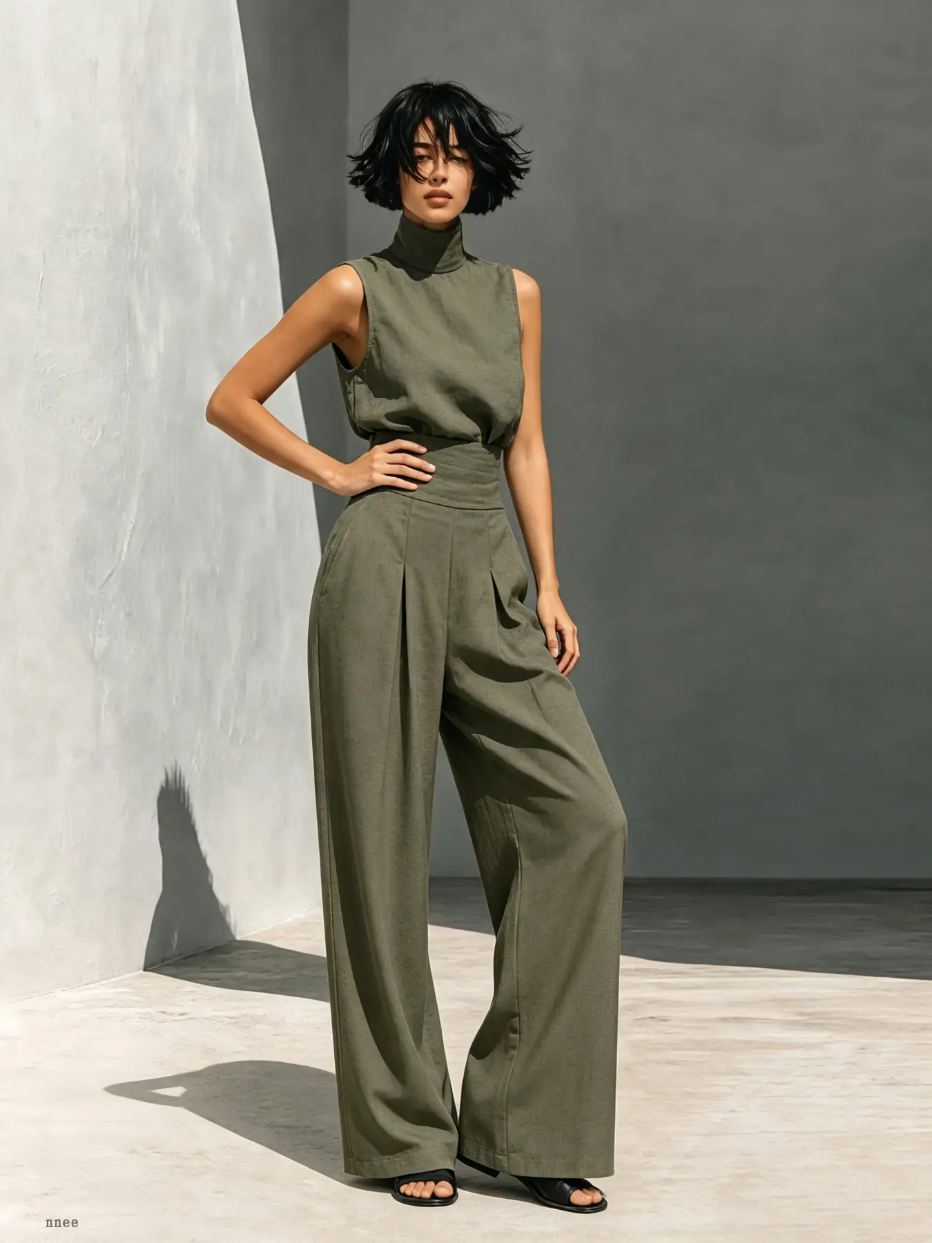 Women's Boho Sleeveless High Neck Wide Leg Romper, High Waist Slimming Pleated Long Pants, Trendy Home Office Wear, Unlined Fitted Style