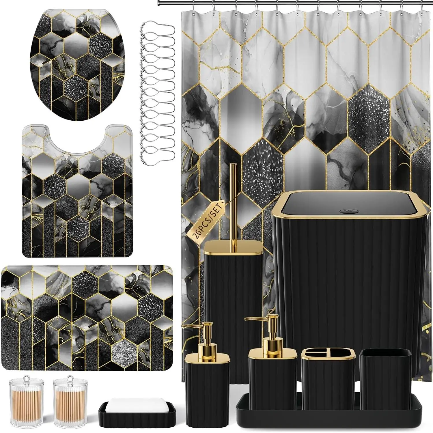 Bathroom Set - 26PC Bathroom Set with Shower Curtain and Rugs, Bathroom Accessory Set, Black Bathroom Accessories Set, Trash Can & Soap Dispenser