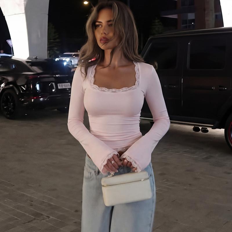 Women's Square Neck Top, Solid Lace Trim Long Sleeve T-Shirt, Elegant Chic Plain Flared Sleeves Slim Fit Crop Top for Spring, Fall and Winter, Womenswear, Blouses Shirts Tops, Casual Elegant Classy, Perfect for Parties, Dates and Everyday Wear