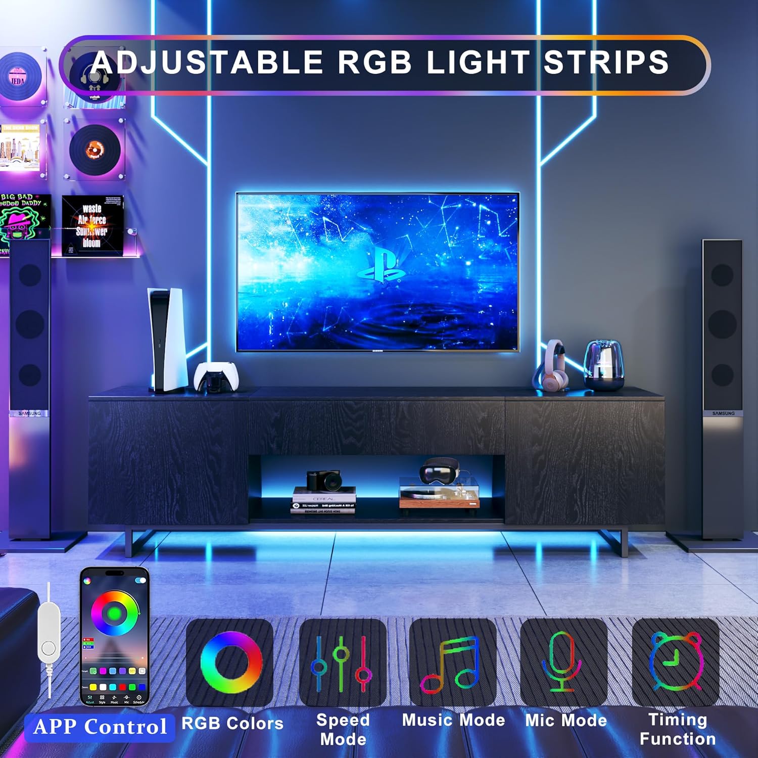 TV Stand for 75 inch TV, Entertainment Center with LED Light, Modern Wood TV Console with Texture Entertainment Stand with Highlight Storage Cabinet for TVs Up to 70-80" Black TV Stand for 75 inch TV, Entertainment Center with LED Light, Modern Wood TV Console with Texture Entertainment Stand with Highlight Storage Cabinet for TVs Up to 70-80" Black