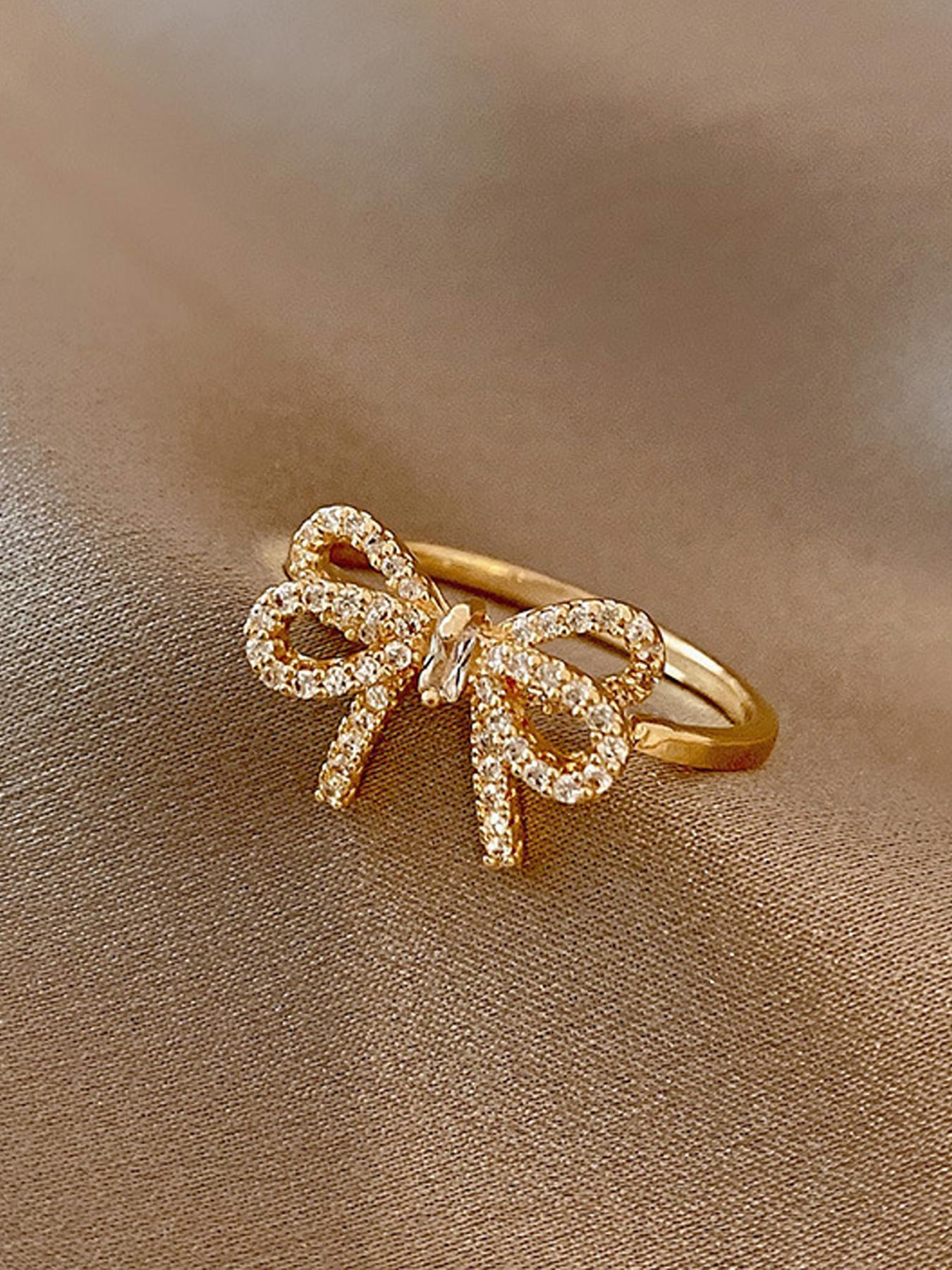 Elegant Bow Zircon Adjustable Ring for Women, Simple Style Daily Wear Jewelry, Fashionable Open Design Accessory, Unique Rings