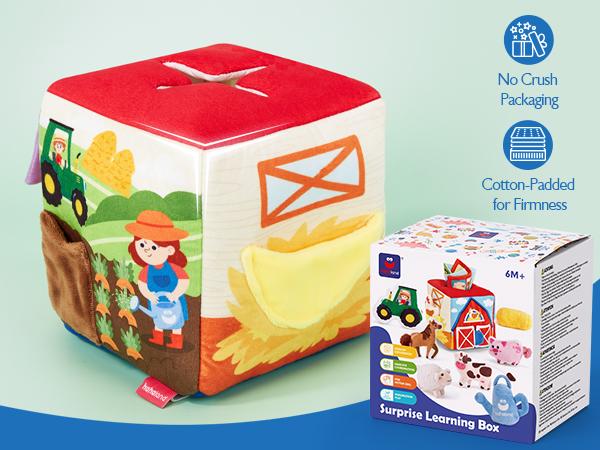 hahaland Seek and Find Sensory Farm Animals Plush toyset- 13 PCS  6-12 Months Montessori Toys for 6 Month Old Gifts Stocking Stuffers Whats Inside Box with Rattle Crinkle Squeaker Preschool Busy Board Wooden Busy Board