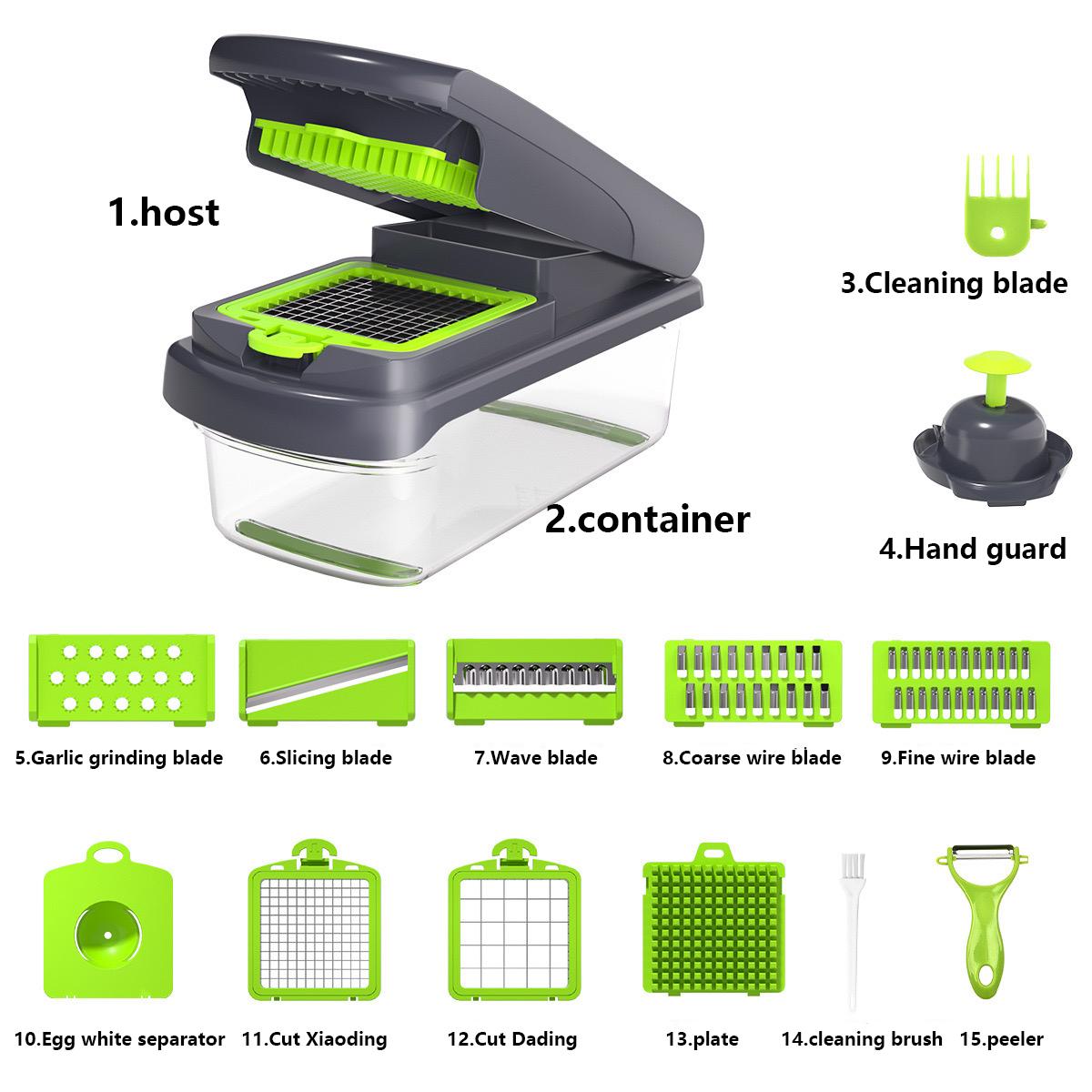 Vegetable Chopper-Vegetable Slic - OnionChopper with Container -Pro Food Chopper SlicerDicer  Gadgets -Chopping -Blade -Handy Set Utensils Stainless Steel french fry cutter potato slicer Handles Grayish Green multifunctional food chopper veggiecutter