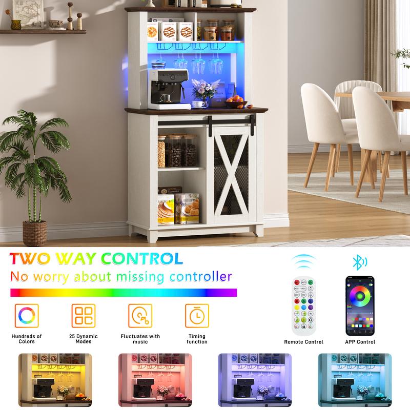 63"W/47"W/31.5"W Farmhouse Coffee Bar Cabinet with LED Light,Wine Bar Cabinet w/ Tier Storage Hutch,Kitchen Buffet Cabinet w/Sliding Barn Door & Wine and Glass Racks for Kitchen Dining Room(Brown/Antique White/Dark Rustic Oak) 63"W/47"W/31.5"W Farmhouse Coffee Bar Cabinet with LED Light,Wine Bar Cabinet w/ Tier Storage Hutch,Kitchen Buffet Cabinet w/Sliding Barn Door & Wine and Glass Racks for Kitchen Dining Room(Brown/Antique White/Dark Rustic Oak)