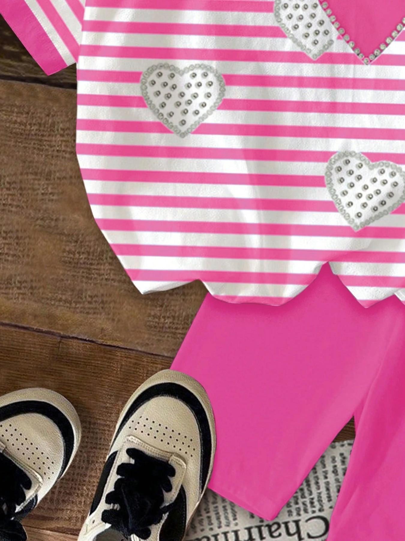 Girls' 2-Piece Set Summer, Striped Heart Print T-Shirt & Shorts, Casual Everyday Wear, Perfect for Parties & Holidays