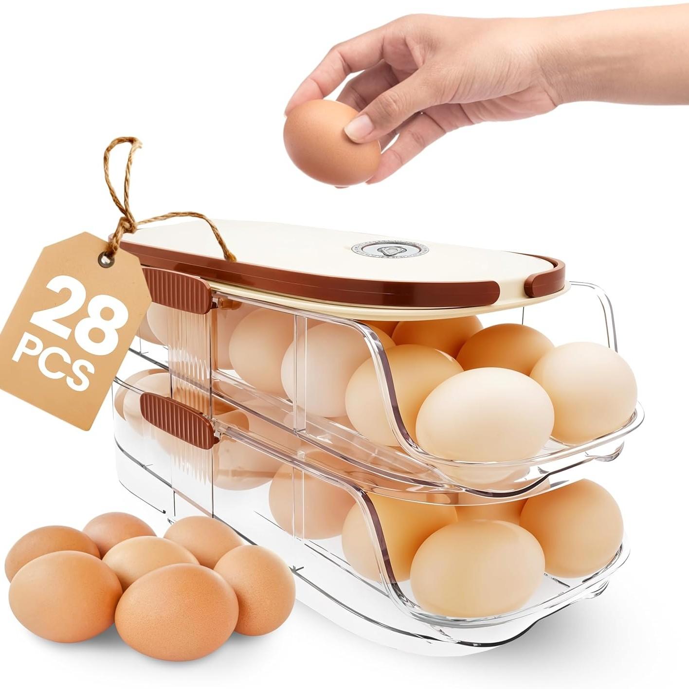 Single Layer, Dual Layer, Triple Layer Kitchen Home Egg Box Transparent Dual Layer Slide Rolling Egg Holder Refrigerator Side Door Handheld Egg Storage Box