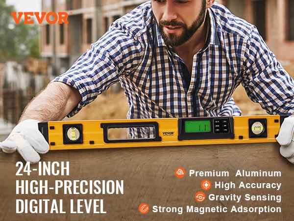 VEVOR Magnetic Torpedo Level, 600mm, LED Backlit Screen Mechanical Bubble Vials Ruler for 0-360 Degree, Gravity Sensor Aluminum Alloy Leveler Tool w/ Viewing Window, Shock-Resistant for Plumbing, Wood
