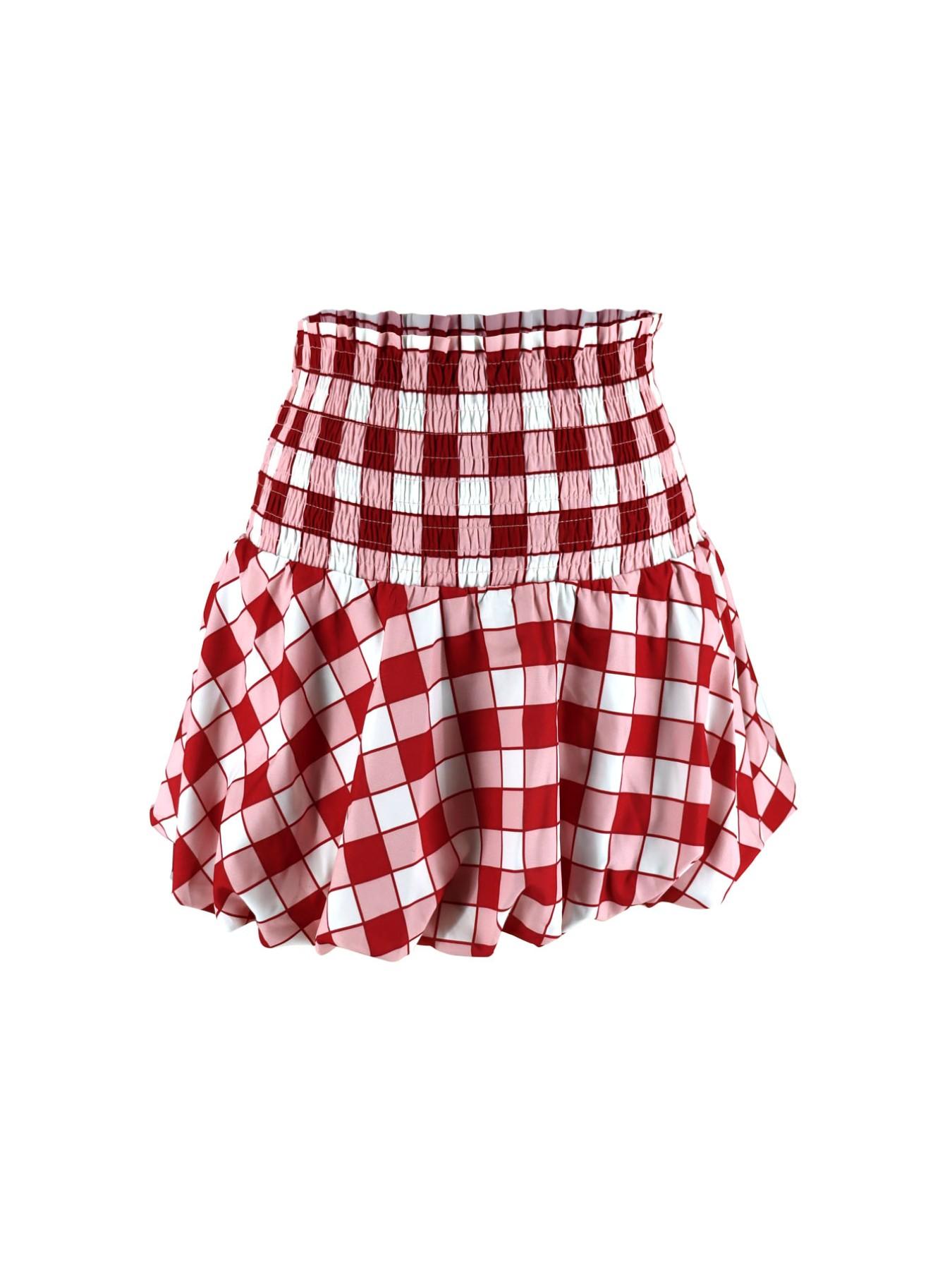 Spring Summer Versatile Plaid Skirt, Short Lantern Skirt, Bubble Hem, Casual Style, Perfect for Daily Wear, Vacation, and Multiple Fitted