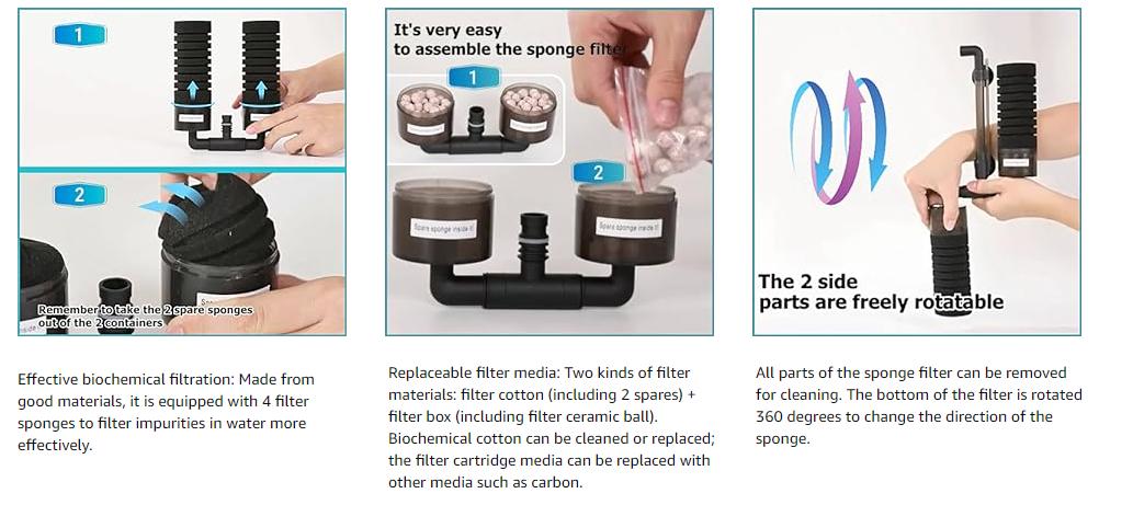 hygger Sponge Filter, Aquarium Filter Double Sponge Replaceable Media with 4 Biochemical Sponges and 1 Bag of Filtered Ceramic Balls Ultra Quiet Filter Fish Tank (S/M)
