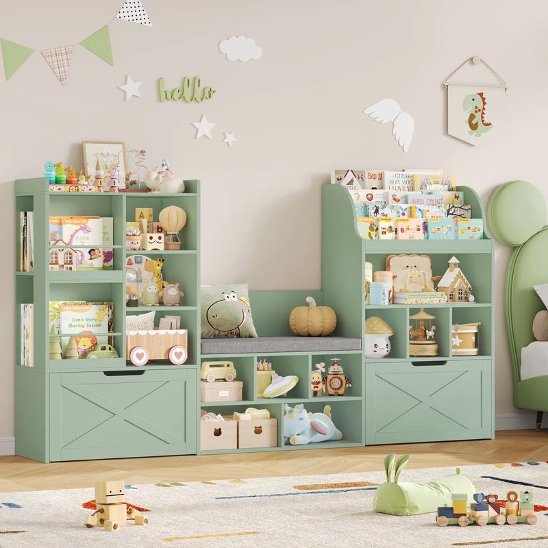 FOTOSOK Kids Bookshelf with Reading Nook, 75" W Kids Toy Storage Organizer with 2 Large Movable Drawers, Kid Bench for Playroom Kids Room Living Room