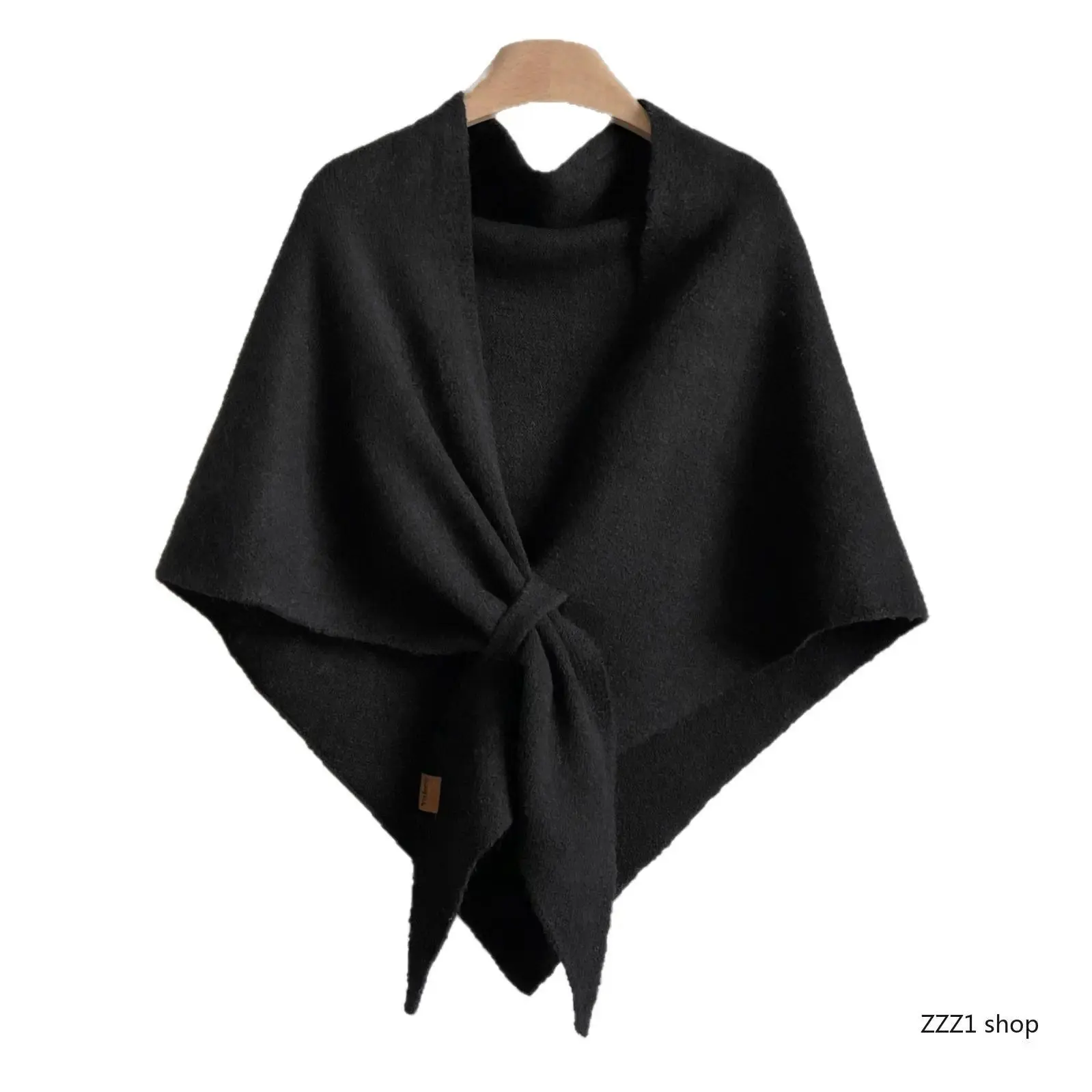 Women’s Soft Knitted Fashion Shawl - Cape Shape Plain Polyester Unisex Winter Wrap with Knotted Detail, Warm Lightweight Layer for Travel & Office Wear, One Size Casual Scarf Cape