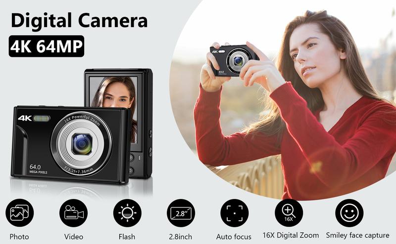 Multi-functional 4K & 64MP Digital Camera, Auto Focus Digital Camera, 16x Digital Zoom Cameras, Compact & Portable Mini Camera with 2.8" IPS Screen, 32G Memory Card and 1200 mAh Battery for Teens & Beginners, Seniors, Perfect Gifts for Halloween Outdoorfu