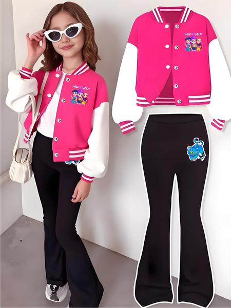 Halloween Sweet Cool Atmosphere, Witch Group Anime Print, Autumn Baseball Jacket, Elastic Fabric Pants Set, Girls' Casual Sportswear