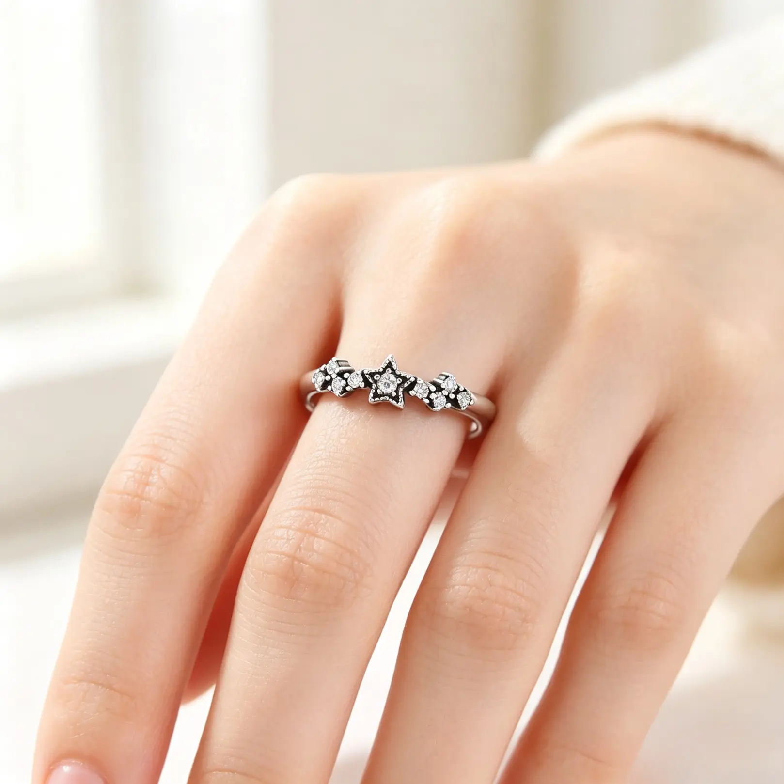 Sterling Silver Star Cluster Ring - Delicate Stackable Band, Sparkly Inlaid Stones Jewelry for Daily Wear, Birthday Gifting