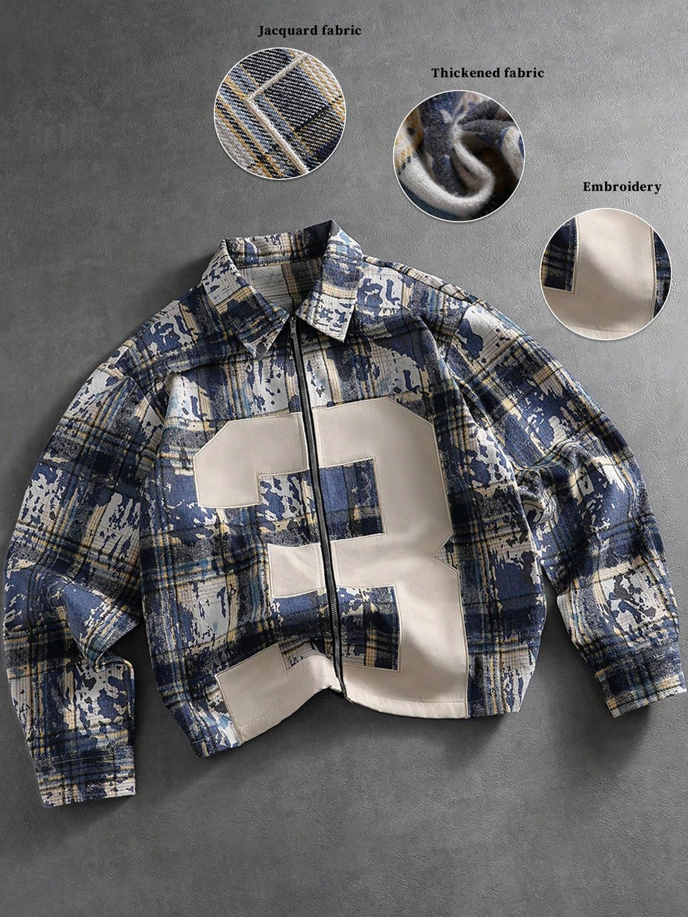 Men's Blue/Yellow/White Checkered Bomber Jacket with Oversized "3" Number Design, Regular Fit Cozy Causal Top, for Urban Street Style