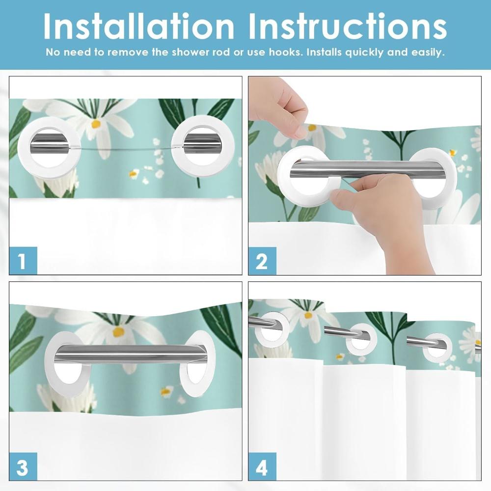 1pc hookless shower curtain with buckle lining, spring white and green daisy floral design, 2D flat printing, fabric waterproof lining, see-through double shower curtain, 71 x 74 inches, modern home draping curtain.