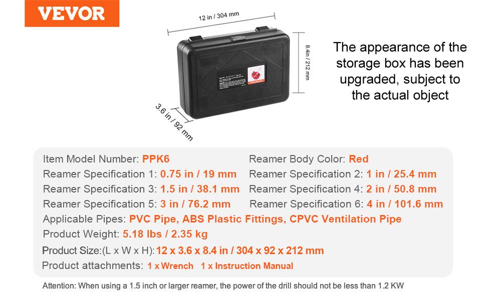 VEVOR 6Pcs PVC Pipe Reamer Kit, Plastic Pipe Fitting Socket Saver Kit, Includes 3/4, 1, 1-1/2, 2, 3, 4'', for PVC, CPVC, ABS Fittings, with Tool Box, for Exhaust, Drain, Water Pipes Cleaning VEVOR 6Pcs PVC Pipe Reamer Kit, Plastic Pipe Fitting Socket Saver Kit, Includes 3/4, 1, 1-1/2, 2, 3, 4'', for PVC, CPVC, ABS Fittings, with Tool Box, for Exhaust, Drain, Water Pipes Cleaning
