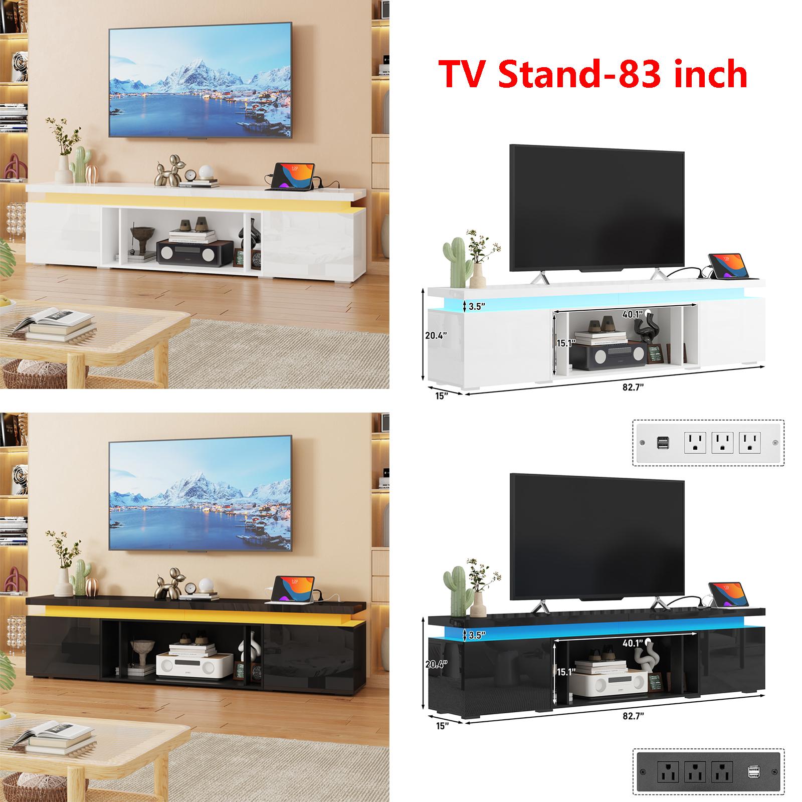 LED TV Stand for 70/75/80/85/90/95 inch TV/Fireplace TV Stand , TV Stand with 40" Electric Fireplace & Power Outlet, High Gloss Surface, 2 Storage Cabinet, Modern Style for Living Room (83 Inch/71 Inch, White/Black)