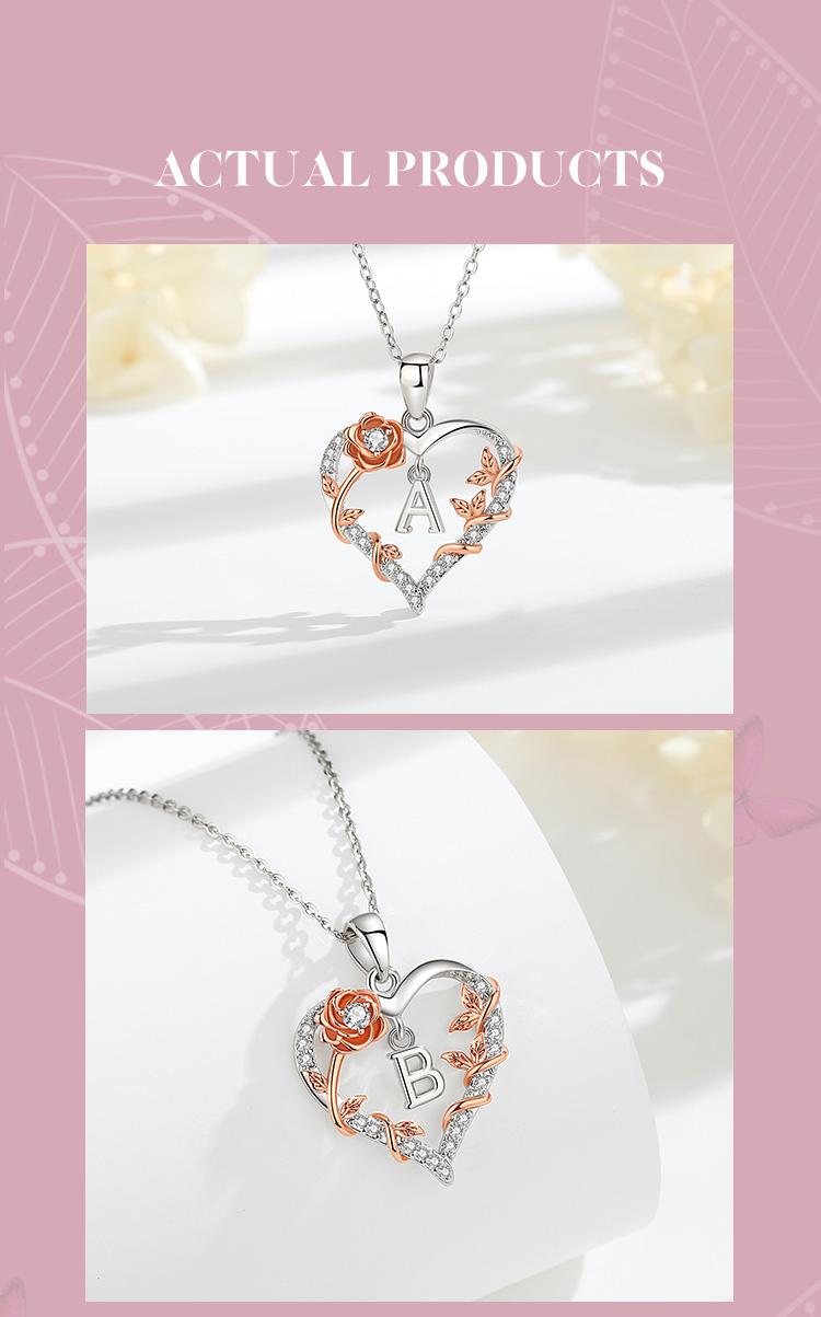 Personalized Letter Heart Necklace, Custom Initial Pendant Charms, Perfect Valentine’s Day Gift for Girlfriends, Moms, RoseGold Flower Jewelry