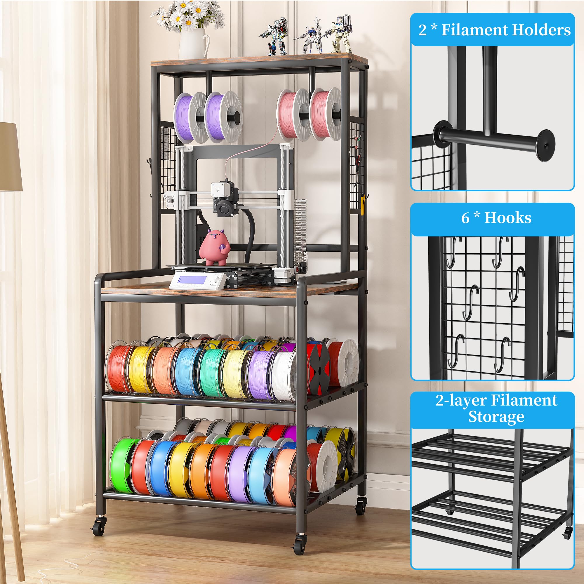 3D Printer Stand with Filament Storage, Heavy Duty 3D Printer Table with Charging Station, Rolling Printer Cart Filament Storage Rack for PLA, ABS, PETG for Workshop/Office/Garage for Halloween, Christmas, Thanksgiving, New Year furniture
