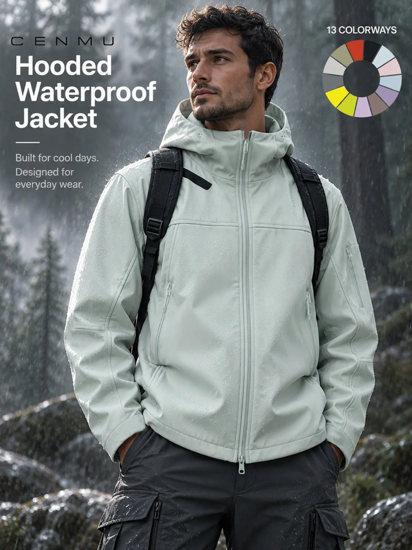 CENMU Men's Multi-Pocket Windproof Techwear Coat，water-repellent Tactical Softshell Jacket Hooded Windbreaker Lightweight Outdoor Hiking Raincoat for Camping Travel Daily Commute Streetwear