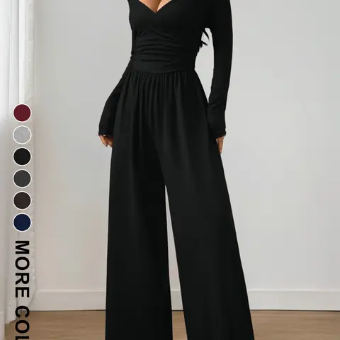 Women's Spring Summer Knitted Everyday Casual Jumpsuit, Shoulderless Ruched Wide Leg Pants, Fashion Design, Daily Commute Wear