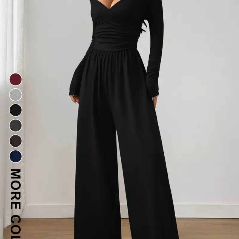 Women's Spring Summer Knitted Everyday Casual Jumpsuit, Shoulderless Ruched Wide Leg Pants, Fashion Design, Daily Commute Wear